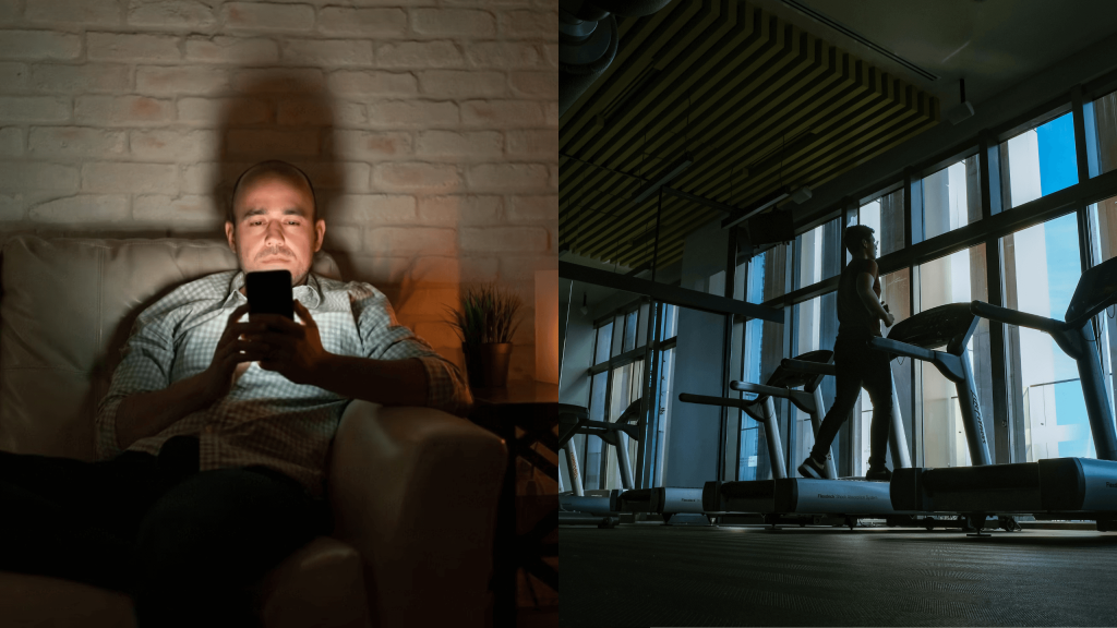 Man transitioning from lazy, distracted state to disciplined movement in same environment.
