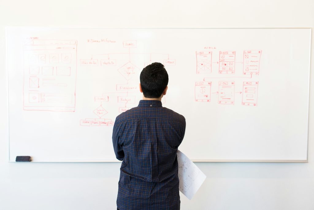 A man with purpose and responsibility looking at a whiteboard.